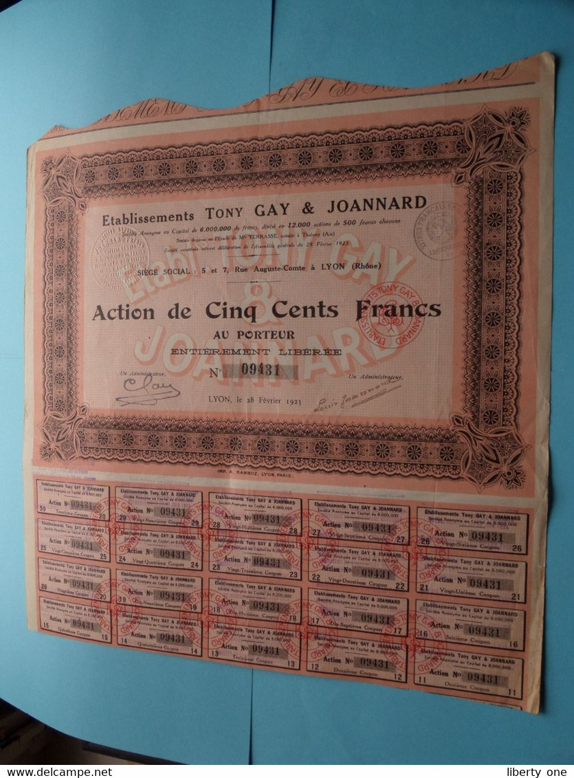 Ets. Tony GAY & JOANNARD - Lyon ( Voir / See SCANS ) N° 09431 > Action De 500 Francs ! - G - I