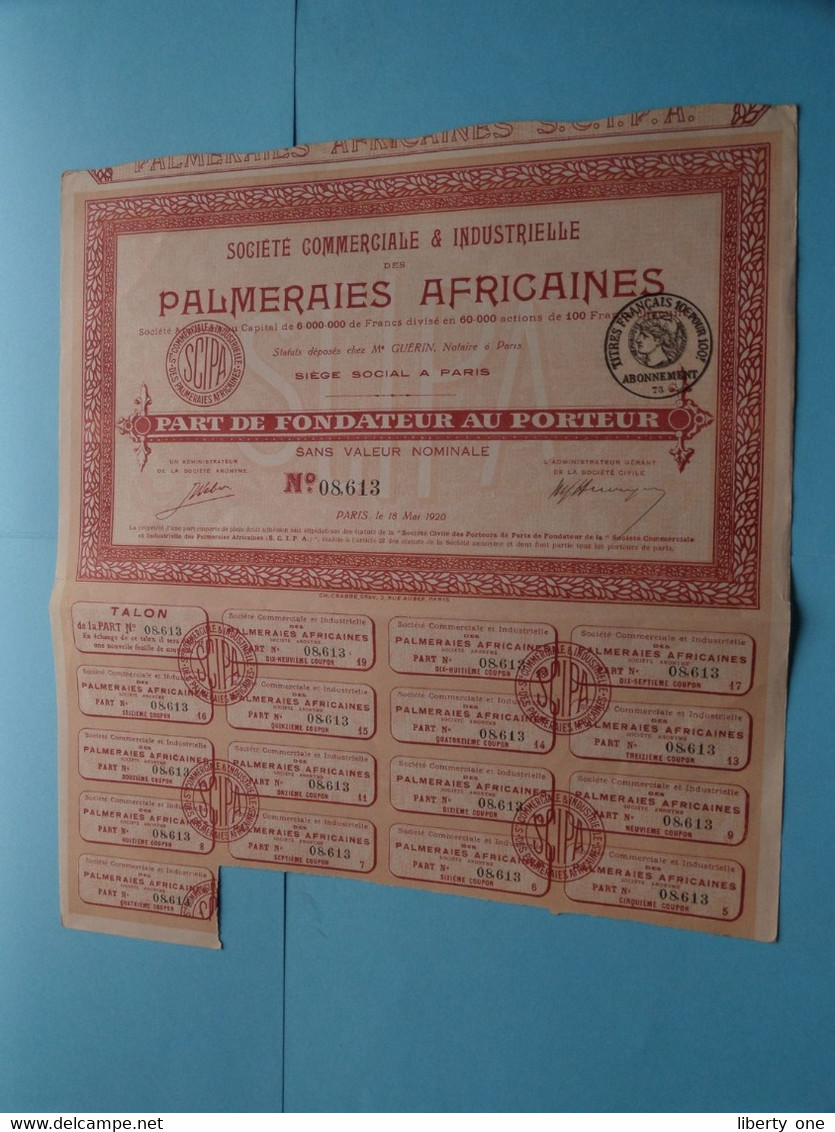 PALMERAIES AFRICAINES - Paris ( Voir / See SCANS ) N° 08613 > Part De Fondateur ! - P - R