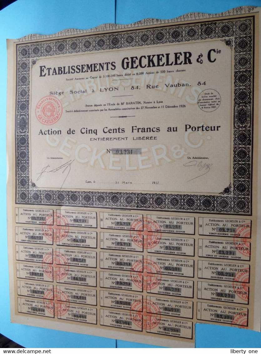 Ets. GECKELER & Cie - Lyon ( Voir SCANS ) N° 03231 > Action De 500 Francs ! - G - I