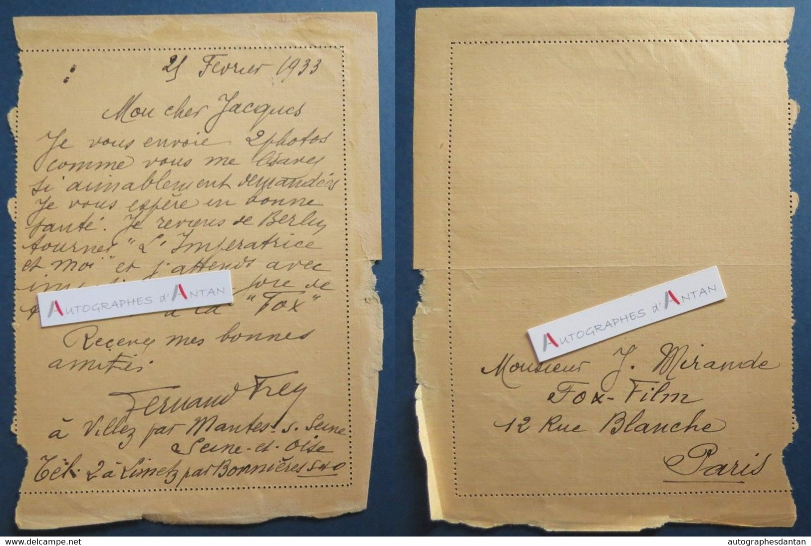 ● L.A.S 1933 Fernand FREY Acteur Chanteur à Jacques Mirande (Fox Film) Villez - Asnières / Escaudœuvres - Lettre Cinéma - Schauspieler Und Komiker