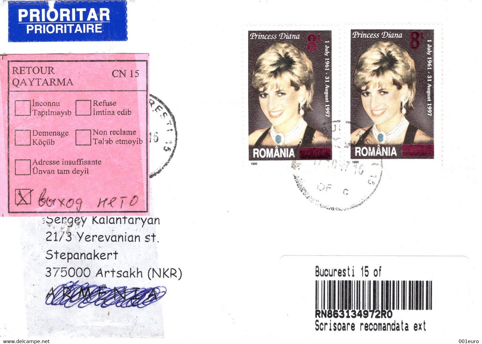 ROMANIA : PRINCESS DIANA Returned REGISTERED Cover From Artsakh ( Armenia ) - Registered Shipping! Envoi Enregistre! - Covers & Documents