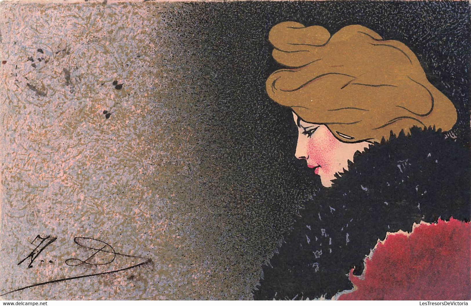 CPA Illustrateur - Femme Avec Cheveux Dorés Et Col En Fourrure Noir - Style Art Nouveau - Other & Unclassified