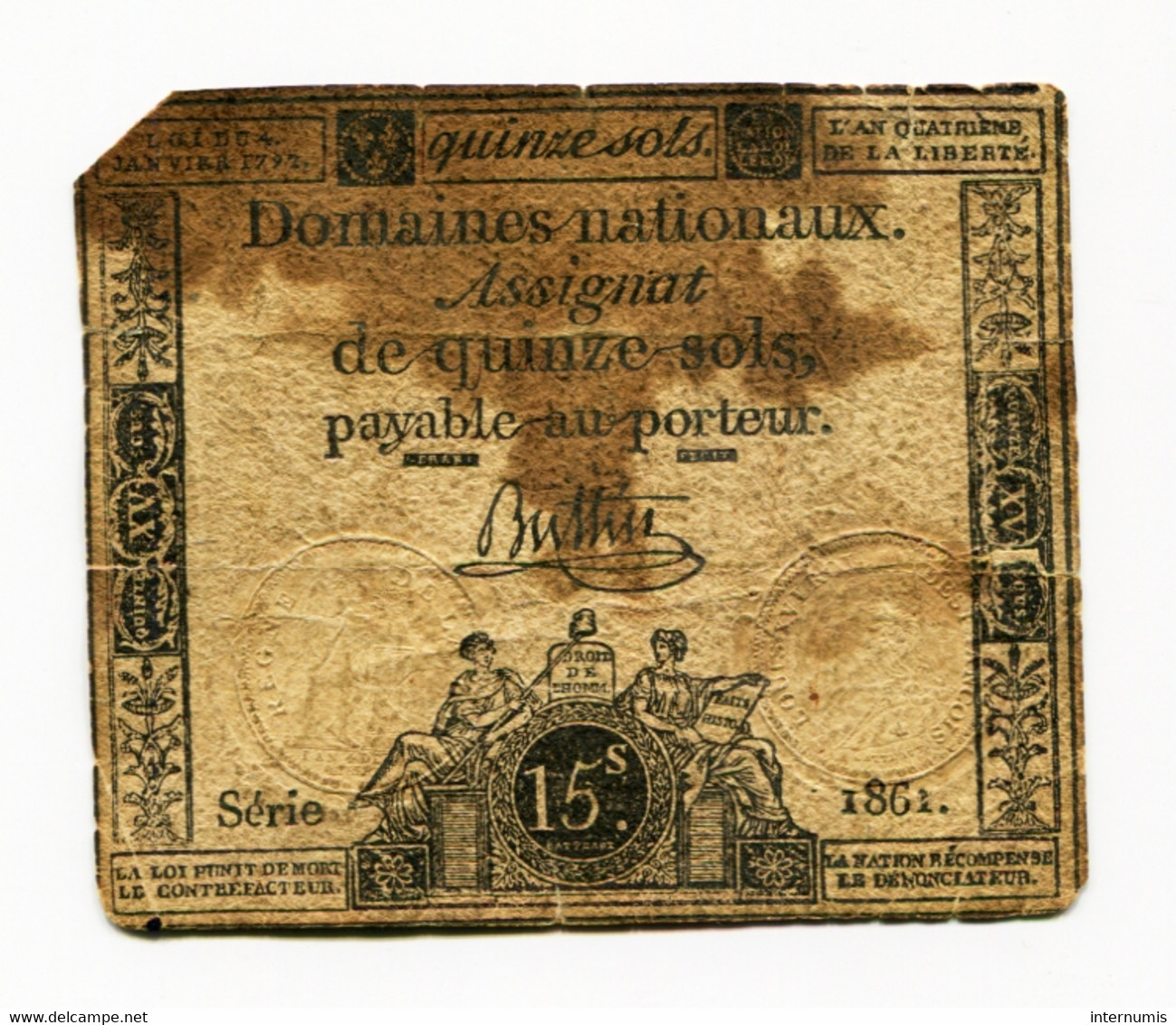 France, Assignat De 15 Sols, Domaines Nationaux, Loi Du 4 Janvier 1792, N° : Série 1861., TTB (VF), Ass-24a, P-A54 - ...-1889 Tijdens De XIXde In Omloop