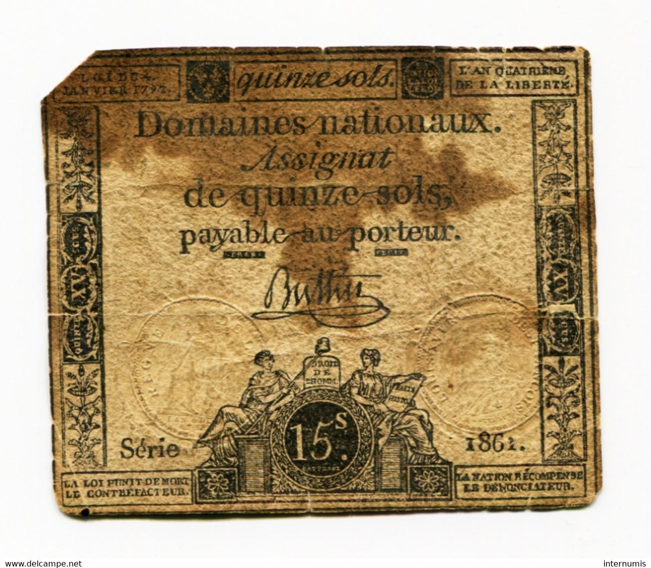 France, Assignat De 15 Sols, Domaines Nationaux, Loi Du 4 Janvier 1792, N° : Série 1861., TTB (VF), Ass-24a, P-A54 - ...-1889 Circulated During XIXth