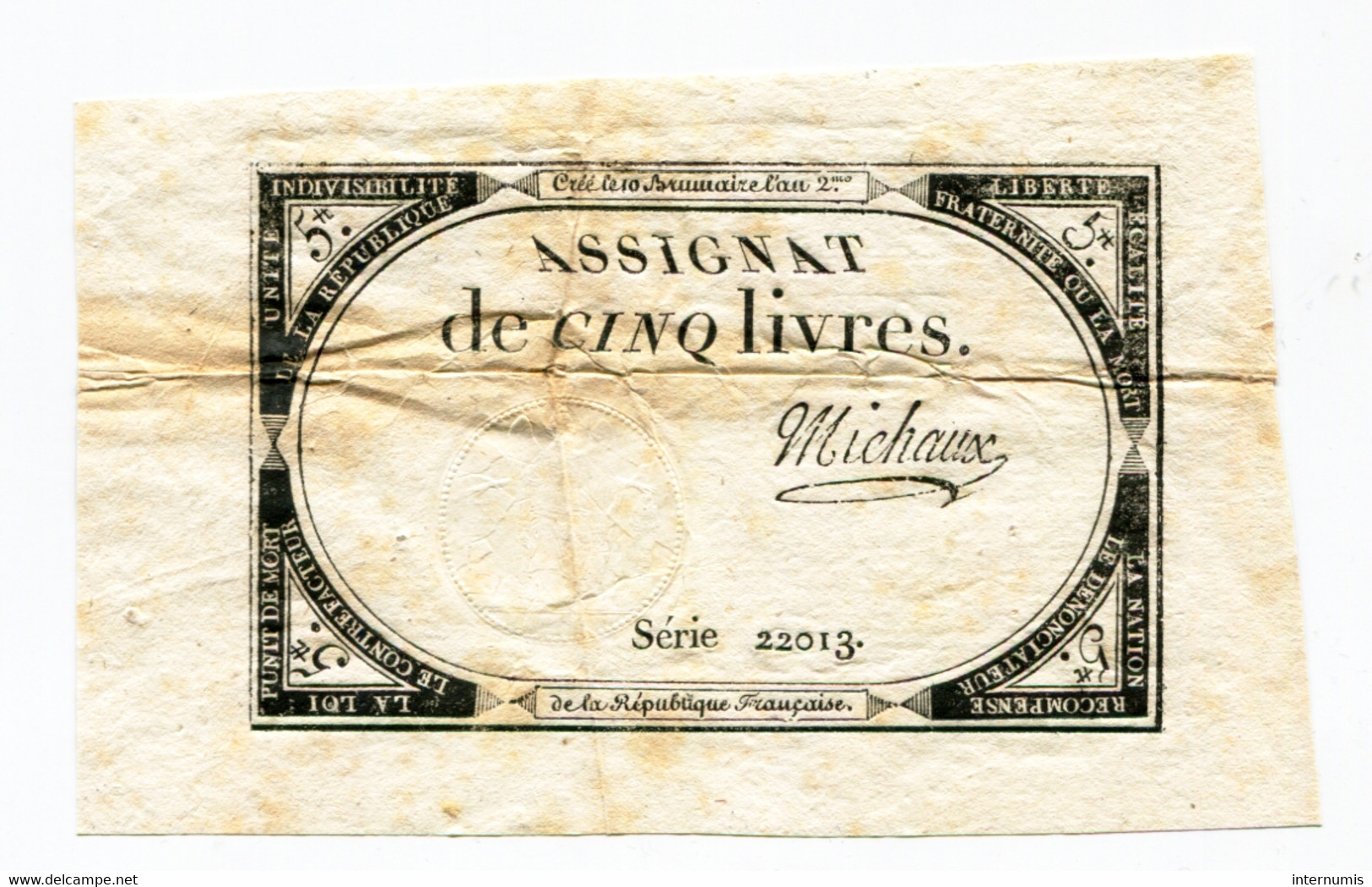 France, Assignat De Cinq Livres, , 10 Brumaire De L'An II (31 Octobre 1793), N° : Série 22013., TTB (VF), Ass-46a, P-A76 - ...-1889 Circulated During XIXth