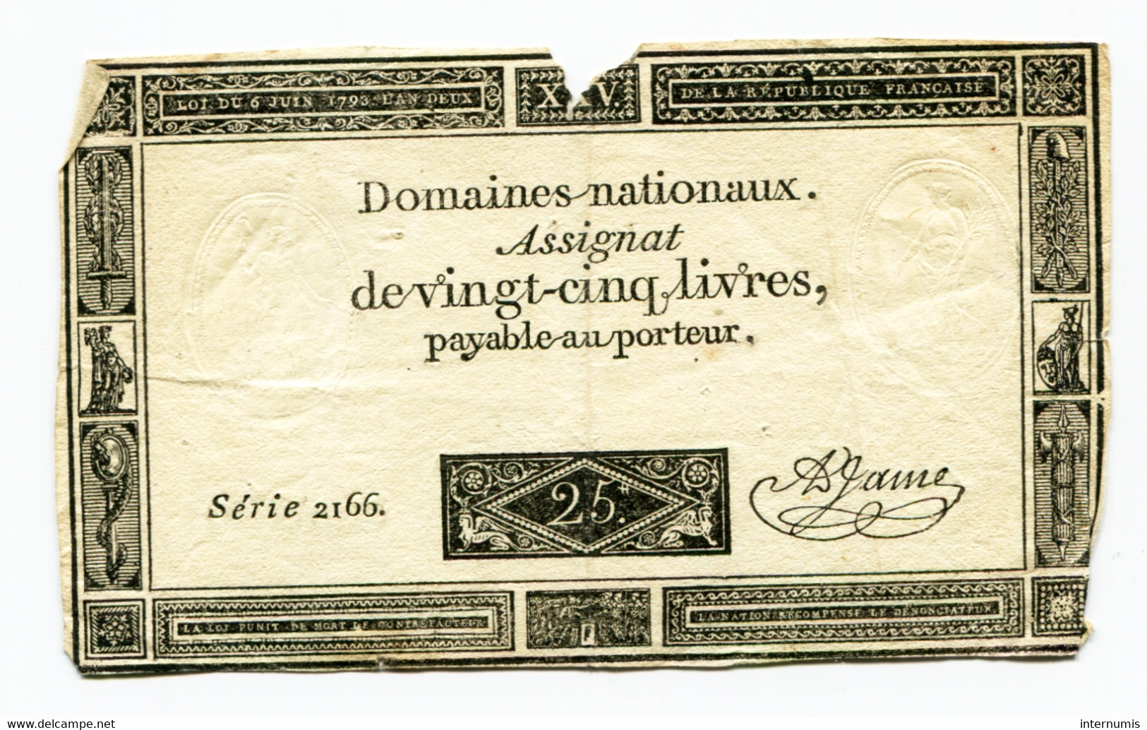 France, Assignat De Vignt-Cinq Livres, , Loi Du 6 Juin 1793, N° : Série 2166., TB (F), Ass-43a, P-A71 - ...-1889 Franchi Antichi Circolanti Durante Il XIX Sec.