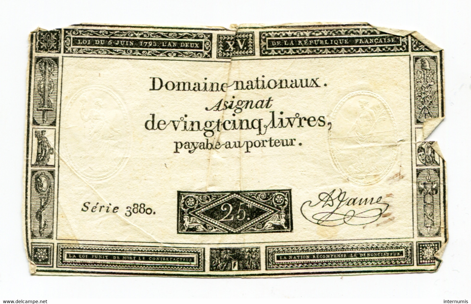 France, Assignat De Vignt-Cinq Livres, , Loi Du 6 Juin 1793, N° : Série 3880., TB (F), Ass-43a, P-A71 - ...-1889 Tijdens De XIXde In Omloop