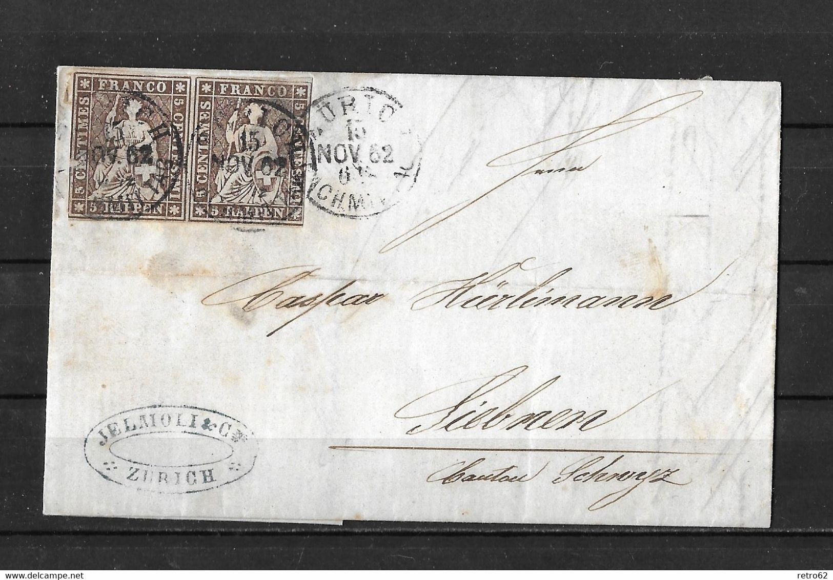 1854-1862 HELVETIA / STRUBEL (Ungezähnt) → Faltbrief Von Zürich Nach Siebenen    ►SBK-22B4.V Im Paar◄ - Covers & Documents