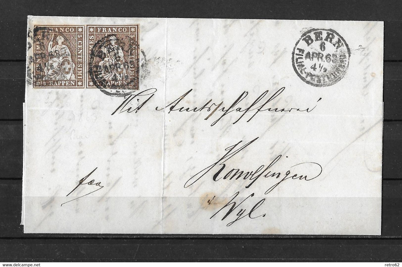 1854-1862 HELVETIA / STRUBEL (Ungezähnt) → Faltbrief Hypothekar Casse BERN Nach KONOLFINGEN  ►SBK-22B4.V / Top Schnitt◄ - Covers & Documents