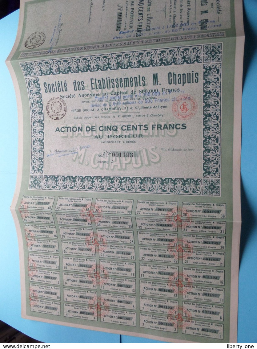 Soc. Des Ets. M. CHAPUIS ( Voir / Zie Scan ) Action De 500 Francs > N° 001193 ! - A - C