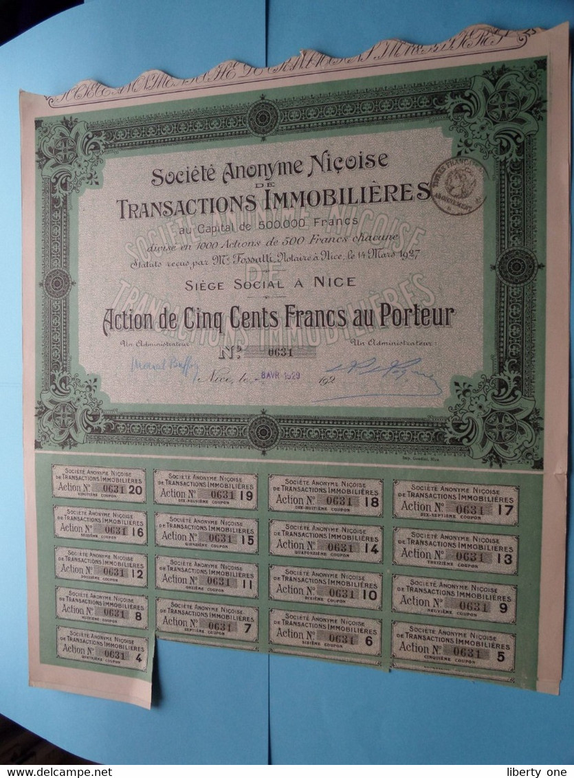 Soc. An. Niçoise De Transactions Immobilières - Nice ( Voir / Zie Scan ) Action De 500 Francs > N° 0631 ! - M - O