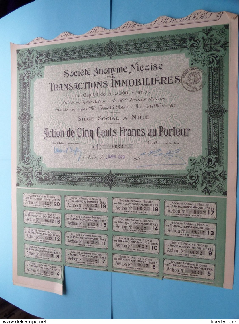 Soc. An. Niçoise De Transactions Immobilières - Nice ( Voir / Zie Scan ) Action De 500 Francs > N° 0632 ! - M - O