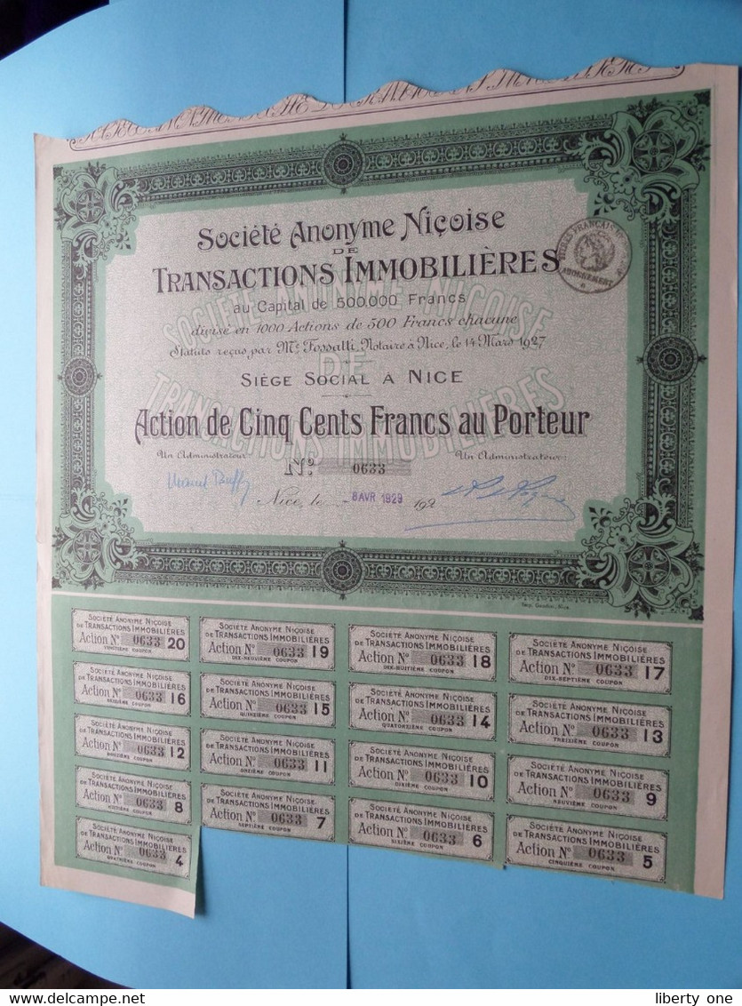Soc. An. Niçoise De Transactions Immobilières - Nice ( Voir / Zie Scan ) Action De 500 Francs > N° 0633 ! - M - O
