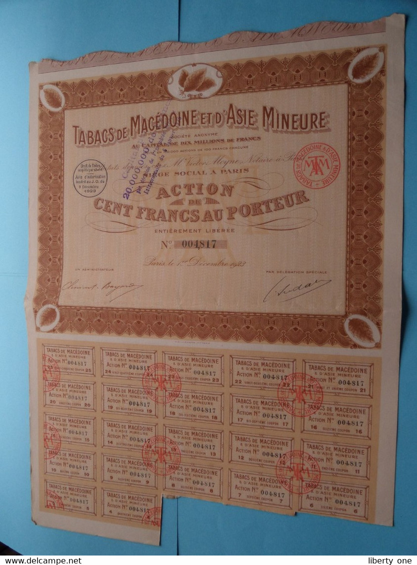 Tabacs De Macédoine Et D'Asie Mineure - Paris ( Voir / Zie Scan ) Action De 100 Francs > N° 004817 ! - S - V