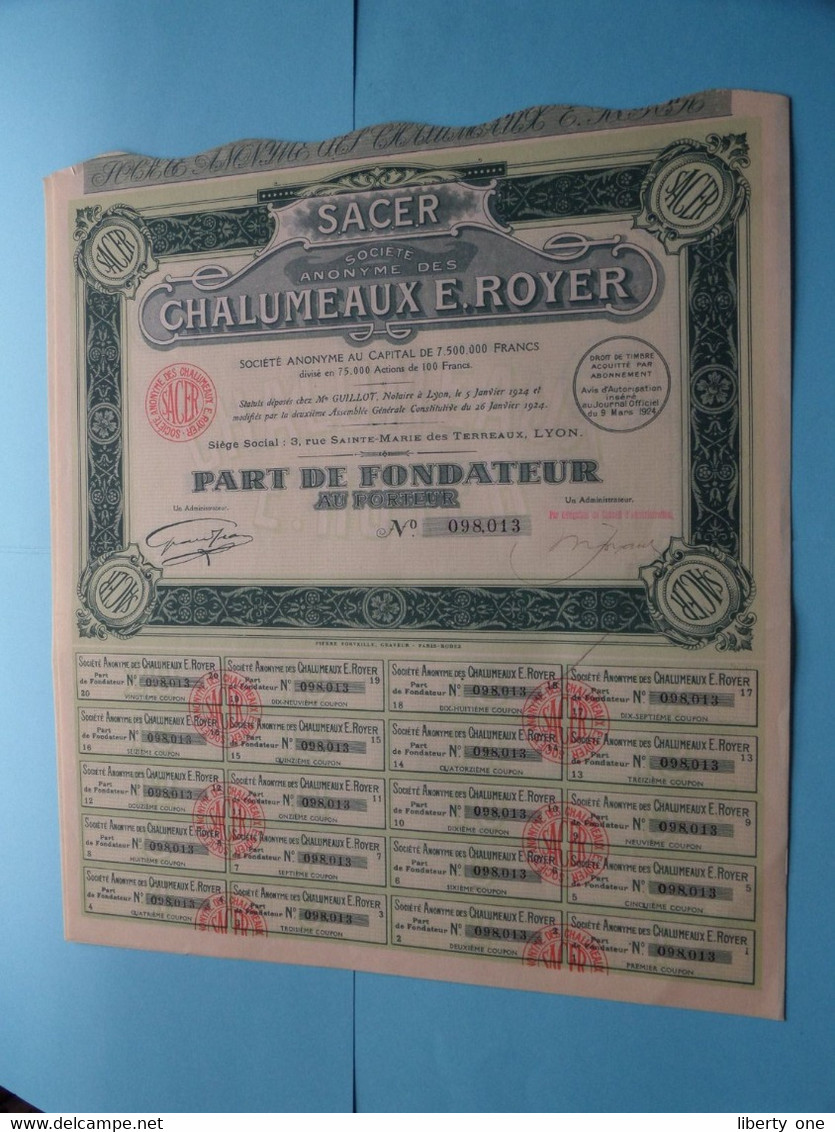 CHALUMEAUX E. ROYER - Lyon ( Voir / Zie Scan ) Part De Fondateur > N° 098013 ! - P - R