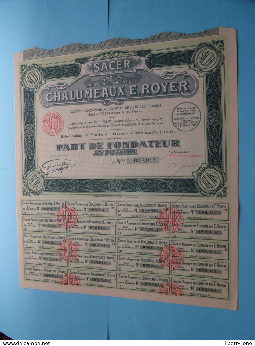 CHALUMEAUX E. ROYER - Lyon ( Voir / Zie Scan ) Part De Fondateur > N° 098014 ! - P - R