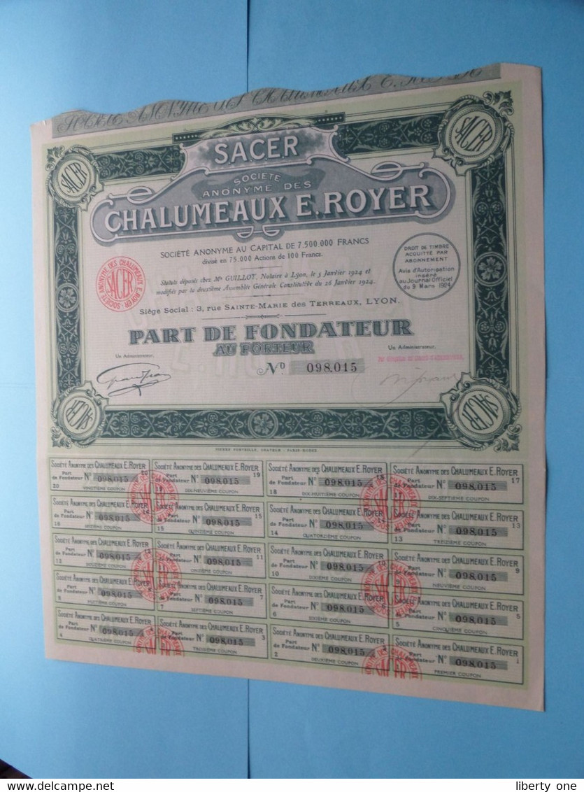 CHALUMEAUX E. ROYER - Lyon ( Voir / Zie Scan ) Part De Fondateur > N° 098015 ! - P - R