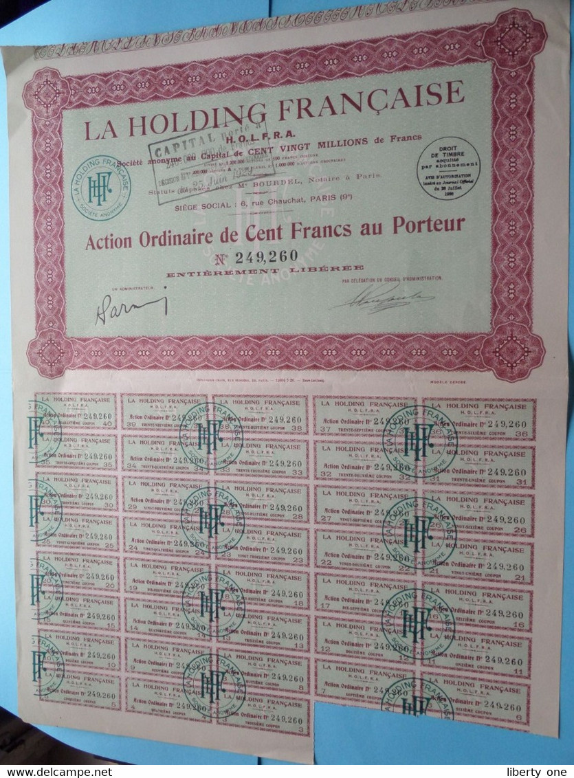 LA HOLDING Française ( H.O.L.F.R.A. ) Paris ( Voir / Zie Scan ) Action De 100 Francs > N° 249260 ! - G - I