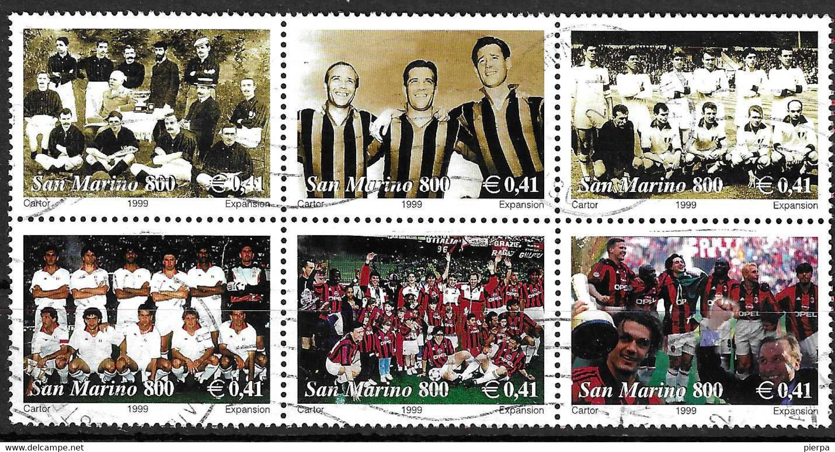 SAN MARINO - 1999 - CALCIO - 100° MILAN FOOTBALL CLUB - BLOCCO DI 6 DA BF - USATO ( YVERT 1643\8 - MICHEL 1856\61) - Used Stamps