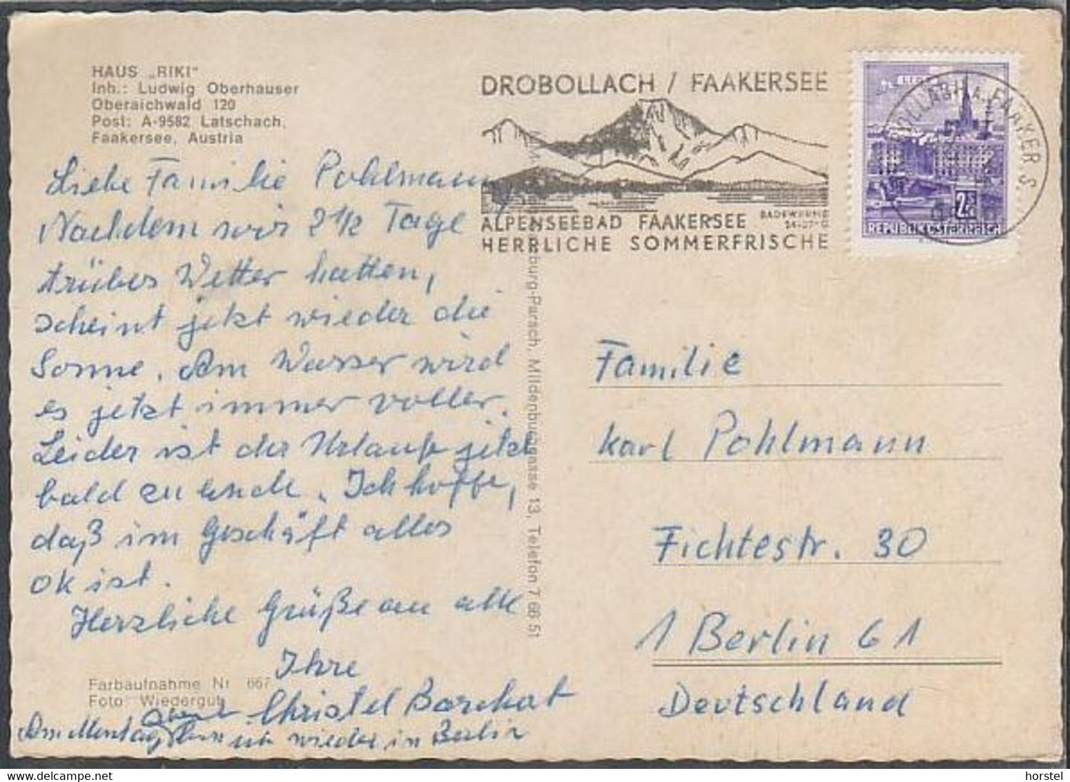 Austria - 9582 Latschach - Faaker See - Haus "Riki" - Cars - Opel Rekord - Nice Stamp - Faakersee-Orte