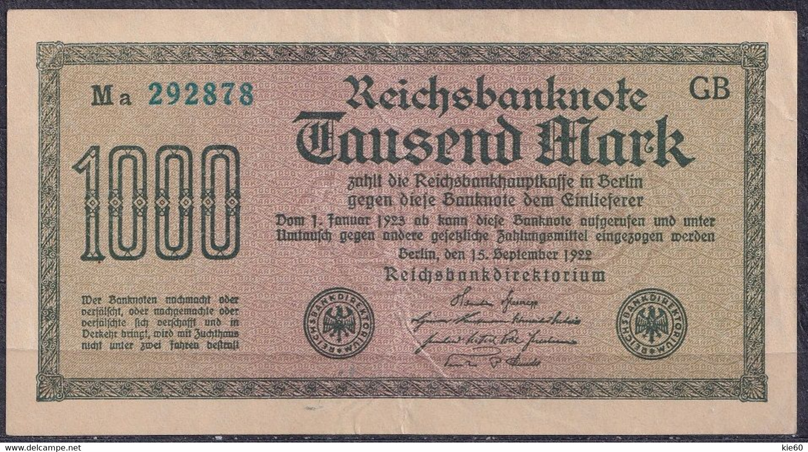 Germany - 1922 - 1000 Mark .- GB Ma.. P76e.2GB..... AU - 1000 Mark