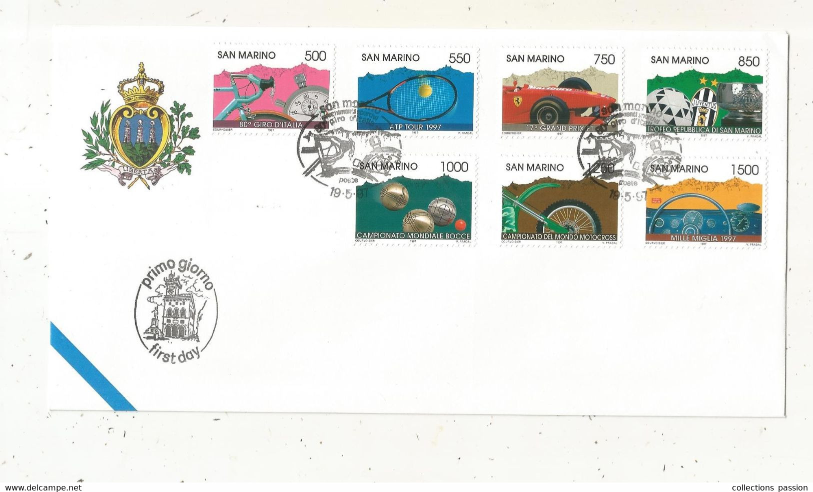 FDC, Premier Jour, Primo Giorno, SAN MARINO, Sports ,19-5-1997, 7 Timbres , 2 Scans - FDC