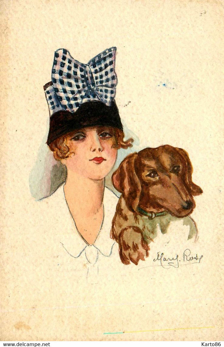 Mode * CPA Originale Peinte à La Main ! Illustrateur Mary Rose * Femme Chien Dog Teckel ? * Chapeau Hat Coiffe - Mode