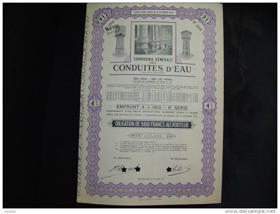 Obligation Bond " Cie Generale Des Conduites D'eau " Liège (water)( Les Vennes )1948 .Reste Des Coupons - Eau