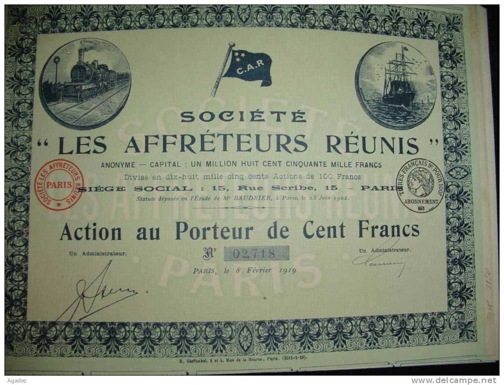 Action"Les Affréteurs Réunis" Paris 1919 Transport Soc.maritime (train,bateau)Excellent état,reste Des Coupons. - Transporte