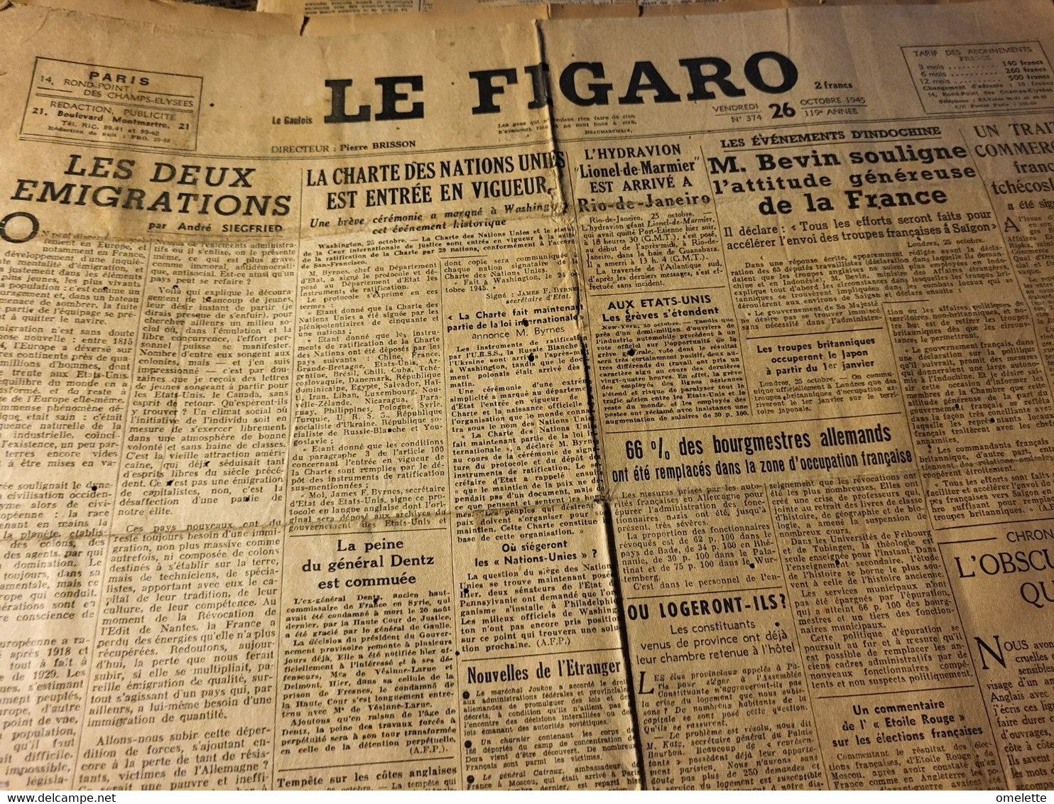 FIGARO 45 /EMIGRATIONS SIEFRIED/INDOCHINE/GZORGZQ DUHAMEL BATAILLE QUOTIDIENNE - General Issues
