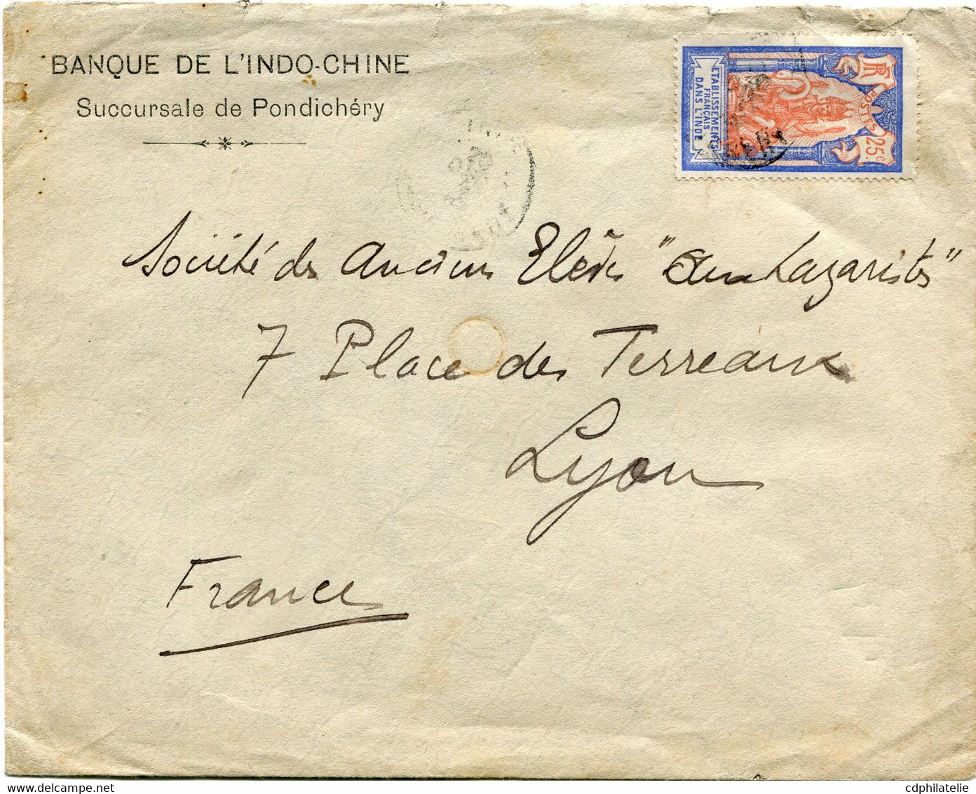 INDE FRANCAISE LETTRE DEPART PONDICHERY ?-?-? POUR LA FRANCE - Lettres & Documents