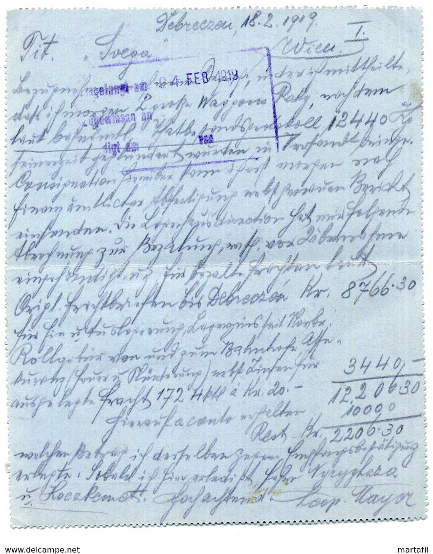 18.2.1919 Intero Spedito A WIEN Da DEBRECZEN - Cartas & Documentos