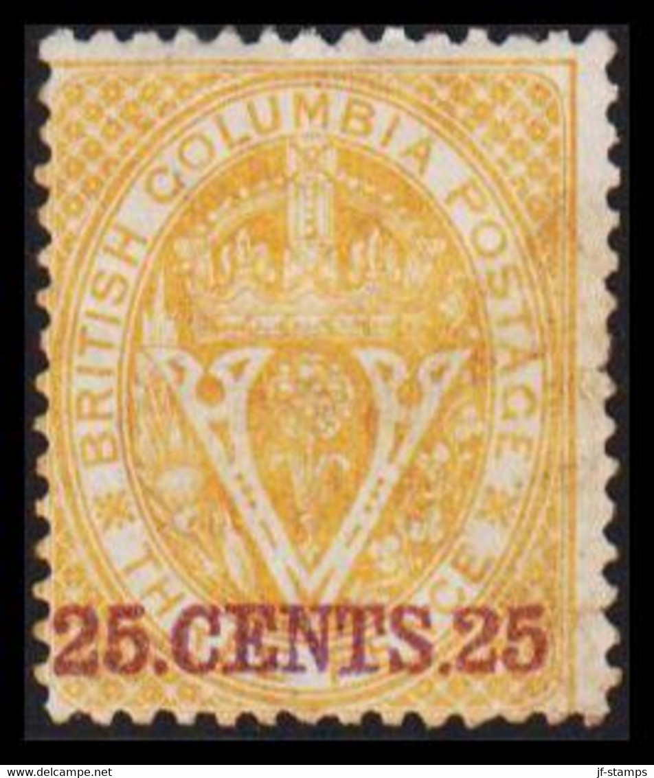 1869-1871. BRITISH COLUMBIA & VANCOUVER ISLAND. 25 CENTS 25 On V & Crown THREE CENTS. Perf. 14. Microscopi... - JF528311 - Unused Stamps