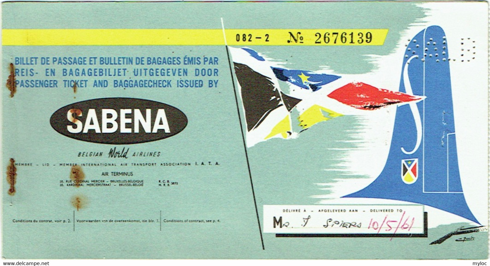 Ticket/Billet Avion. SABENA. Beirut/Brussels. 6/5/1961 - Mundo