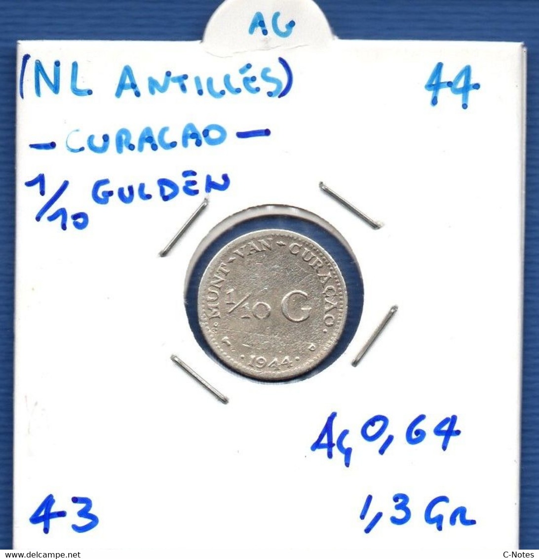 Curaçao - 1/10 Gulden 1944 -  See Photos -  Km 43 - SILVER - Curaçao