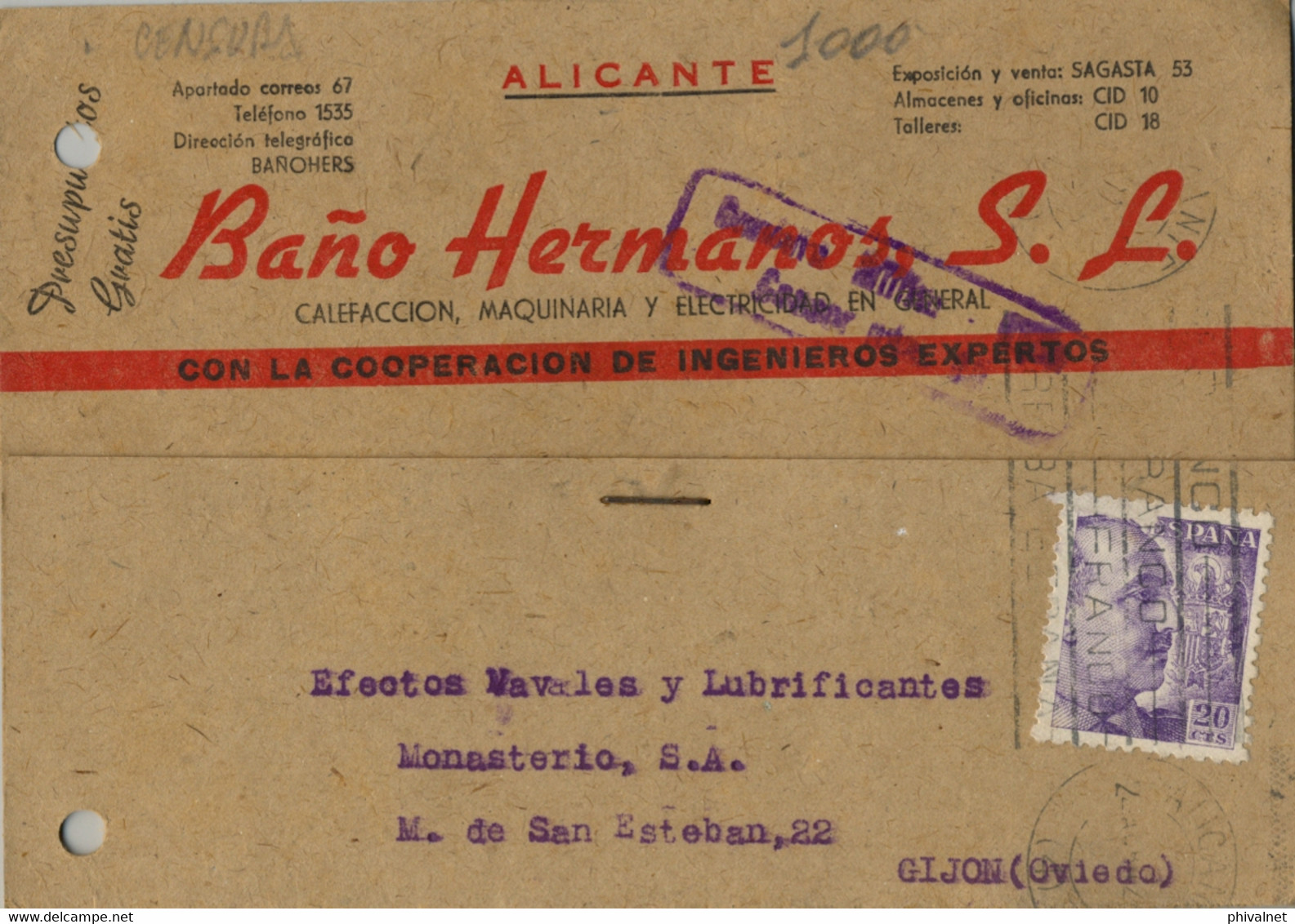 1942 ALICANTE , TARJETA COMERCIAL CIRCULADA A GIJÓN , CENSURA MILITAR - Lettres & Documents