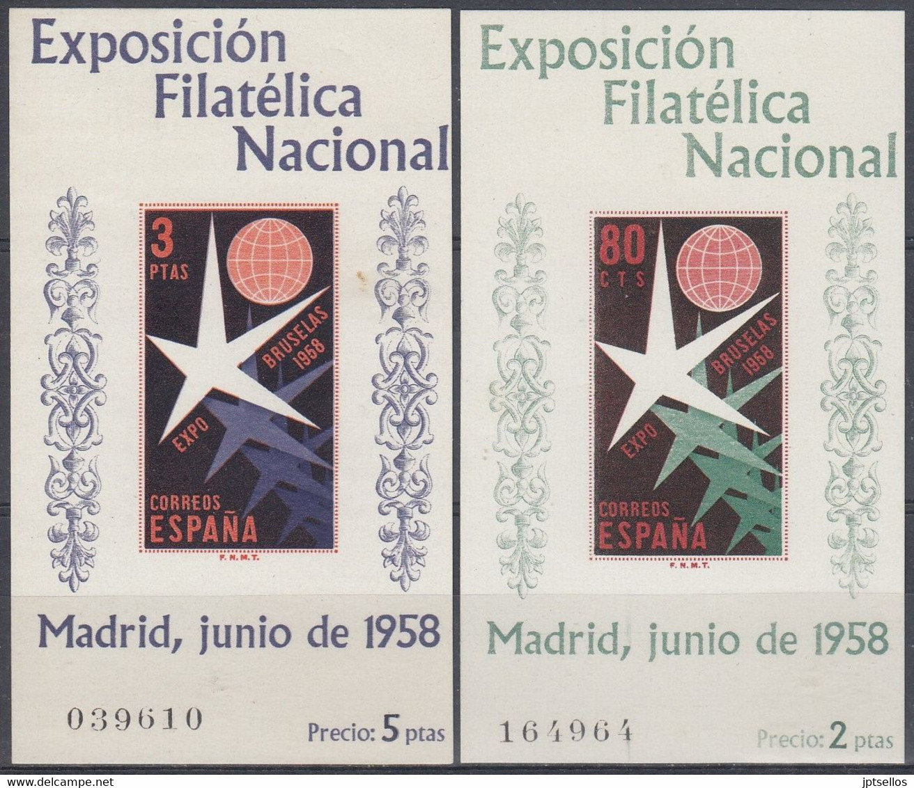 ESPAÑA 1958 Nº 1222/1223 HOJITAS DE BRUSELAS NUEVO SIN CHARNELA - Unused Stamps