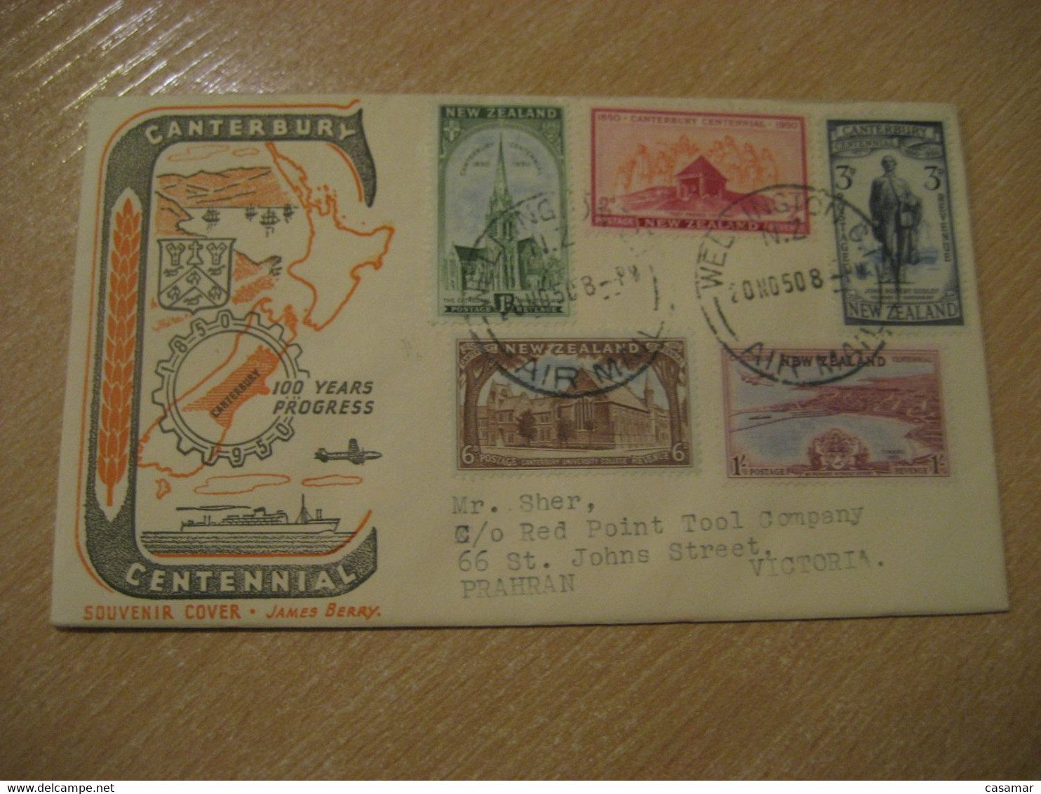 Wellington 1950 To Prahran Victoria Australia Canterbury Centennial Set 5 Stamp On Souvenir Cover Cancel New Zealand - Storia Postale