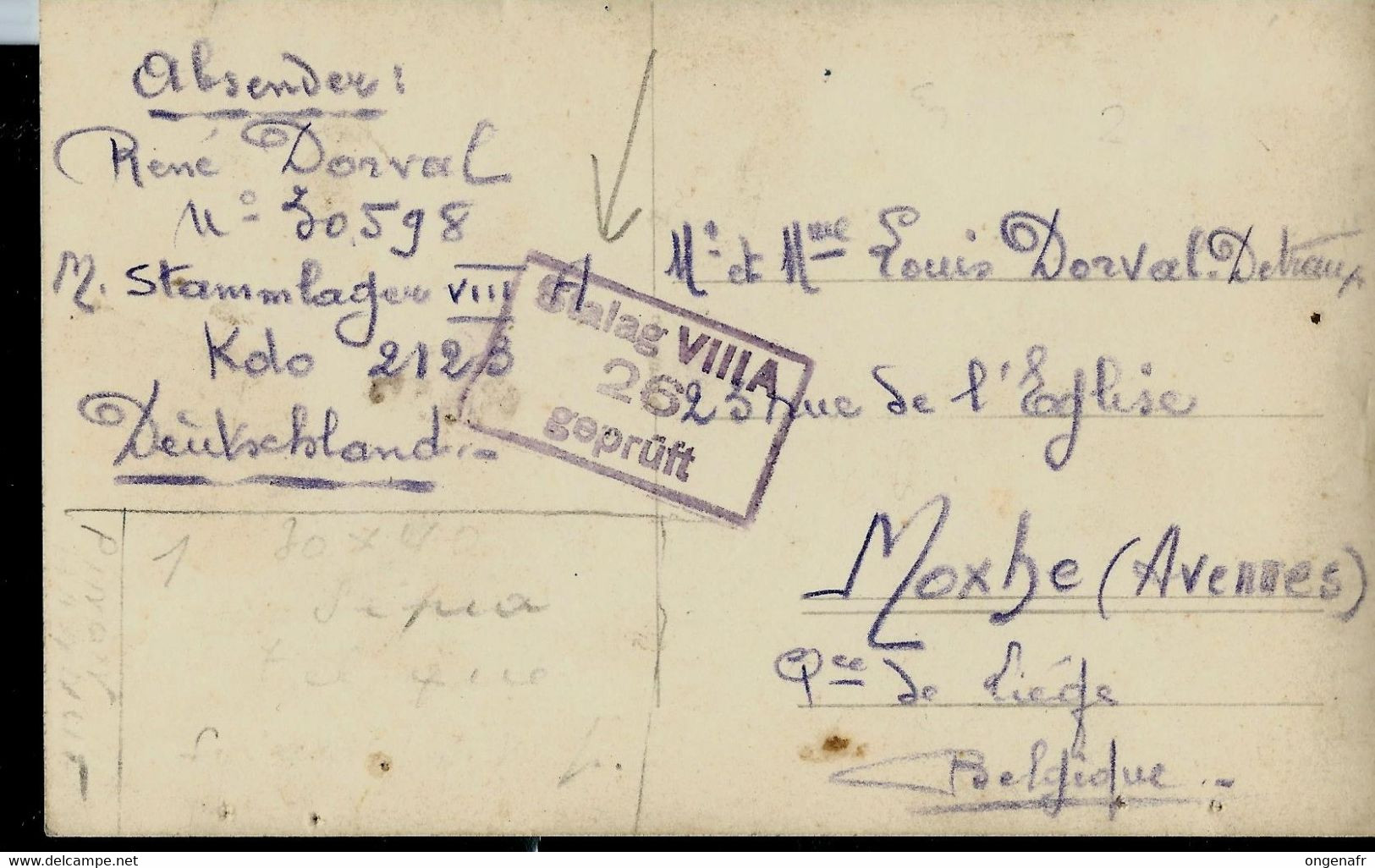 Photo-carte ( René Dorval Matricule: 30598) Griffe Stalag VIIIA 26 Vers Moxhe - Liège - Armeestempel