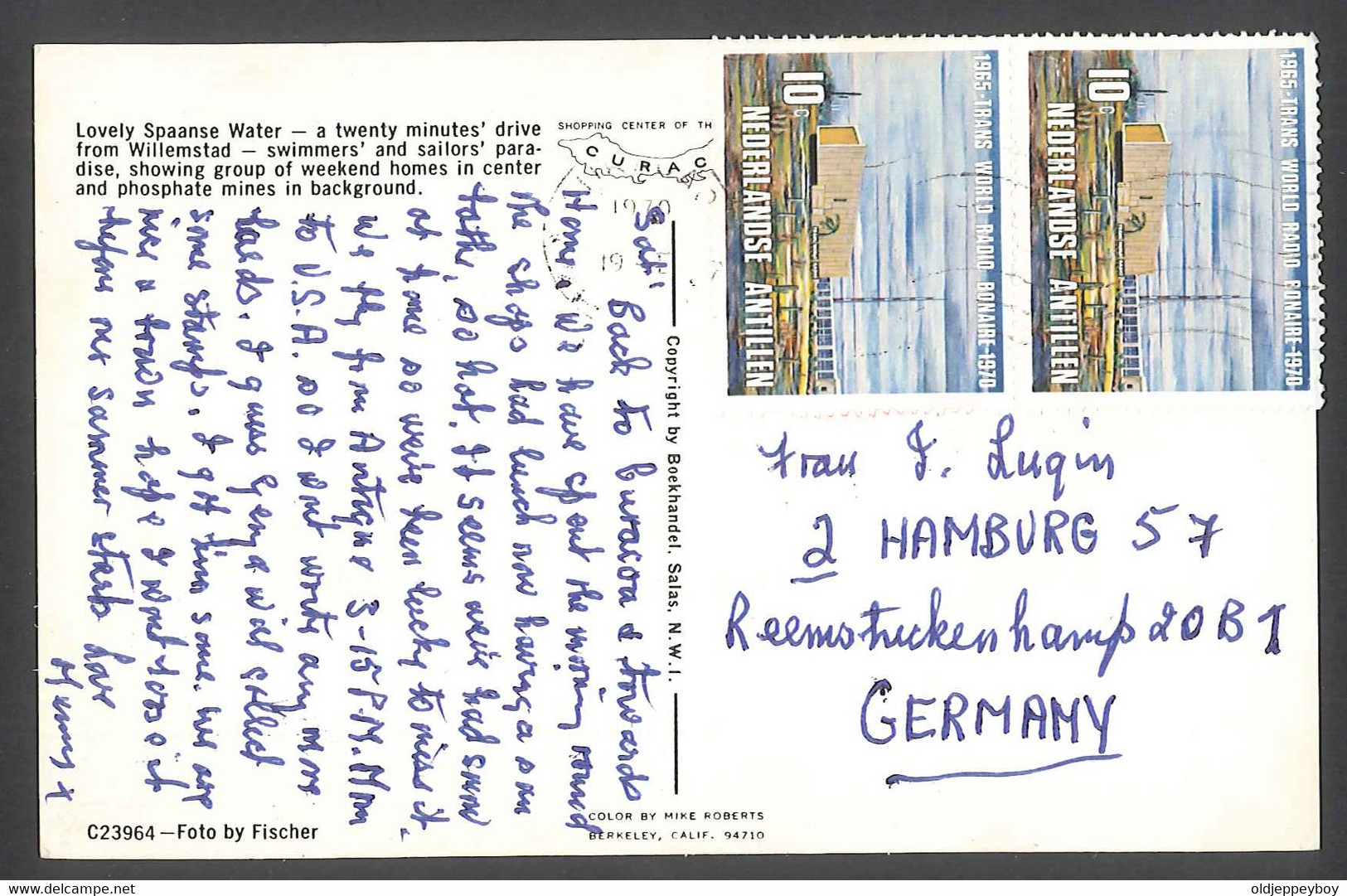 NEDERLANDSE ANTILLEN - CURACAO  POSTCARD FRANKED WITH 2 X10C STAMPS TO HAMBURG 1970 FONAIRE - Aruba