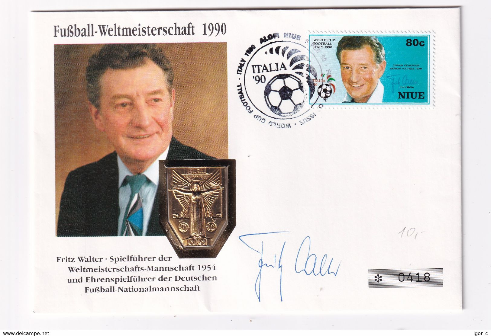 Niue 1990 Autographed Cover: Football Fussball Soccer Calcio; FIFA World Cup 1954 - Fritz Walter ; Coupe Jules Rimet - 1954 – Zwitserland