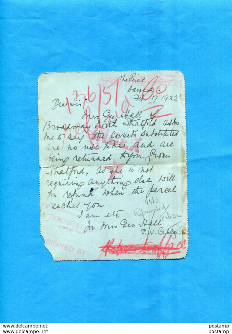 Nouvelle Zelande Marcophilie-carte Entier Postal Stationery- 2d  Cad HAWERA 1922 >Wellington - Interi Postali