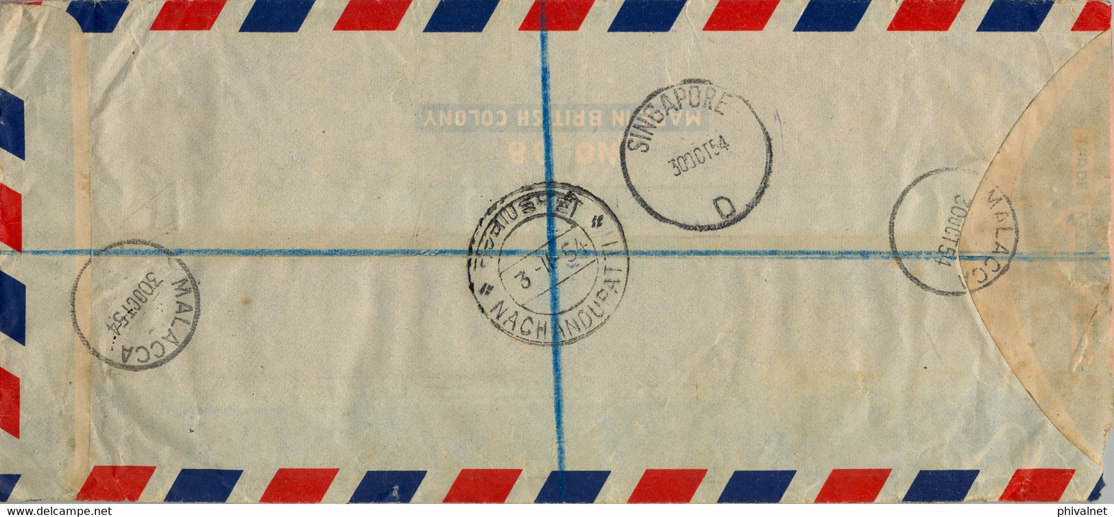 1954 , MALASIA , SOBRE CERTIFICADO MALACCA - NACHANDUPATTI , VIA SINGAPORE , LLEGADA AL DORSO , CORREO AÉREO - Malacca