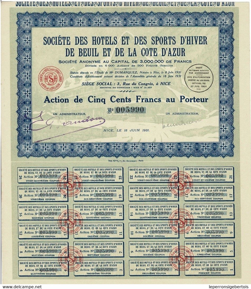 - Titre De 1931 - Société Des Hôtels Et Des Sports D'Hiver De Beuil Et De La Côte D'Azur - - Toerisme