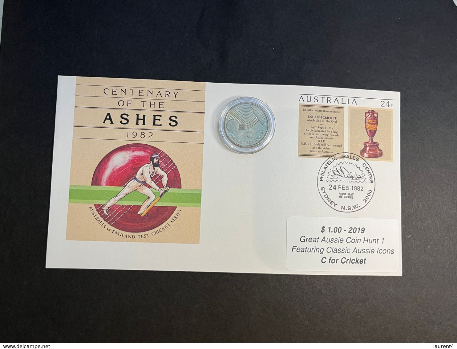 (3 N 34) Cricket Centenary Of The Ashes 1982 FDC +  C Is For Cricket $ 1.00 Coin (2019) - Dollar