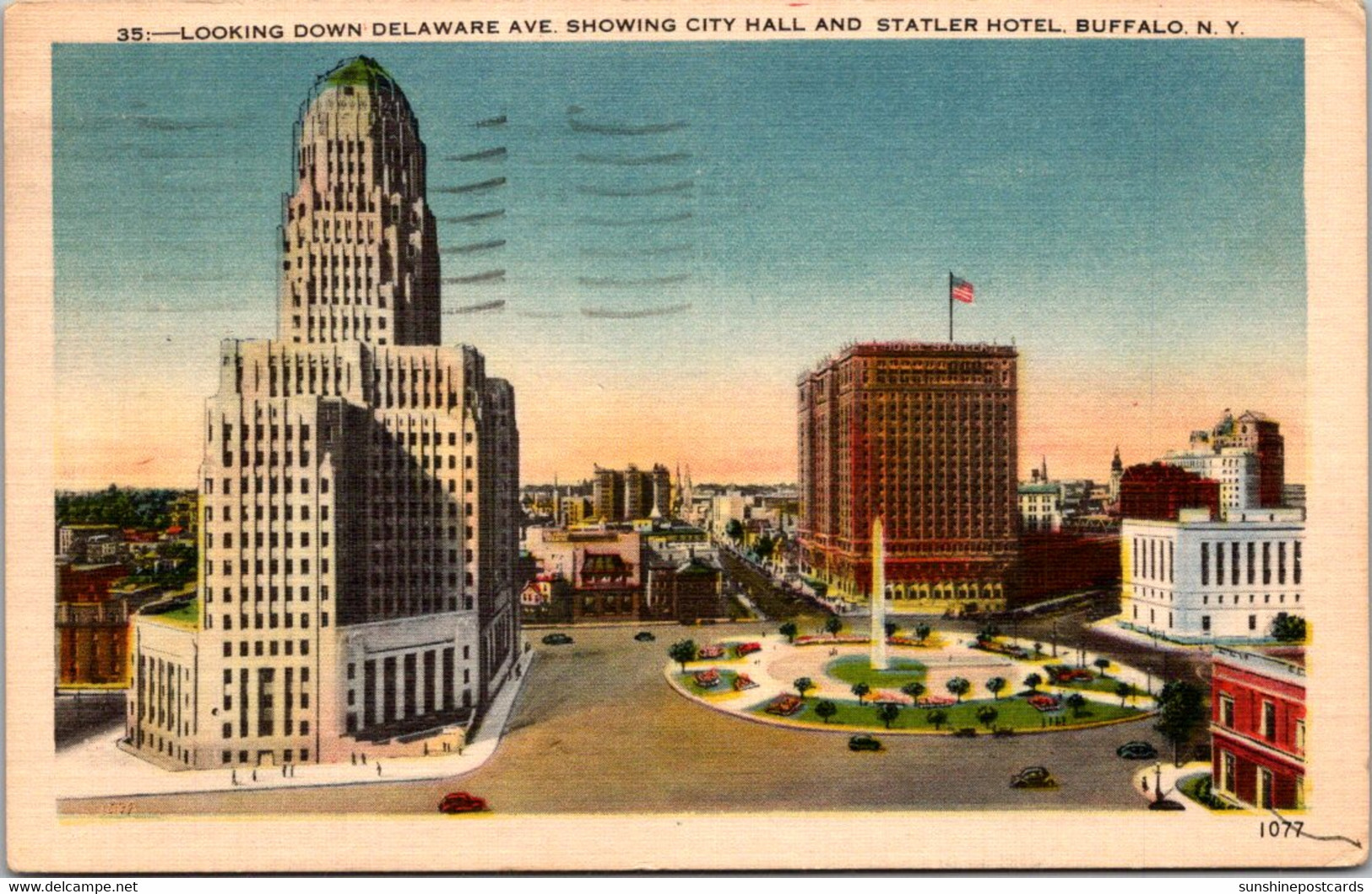 New York Buffalo Looking Down Delaware Avenue Showing City Hall And Statler Hotel 1953 - Buffalo