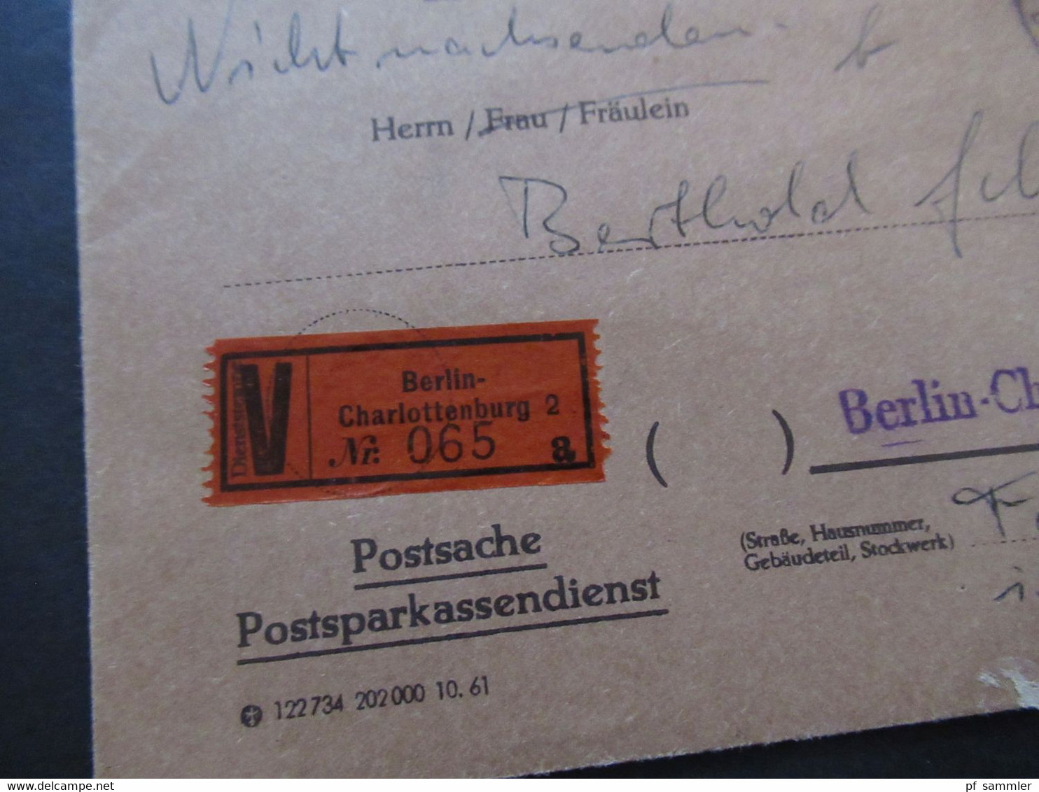 Berlin (West) 1962 Wertbrief V-Zettel Berlin Charlottenburg 2 Postsache Postsparkasendienst Postsparbuch Wert 500 DM - Briefe U. Dokumente