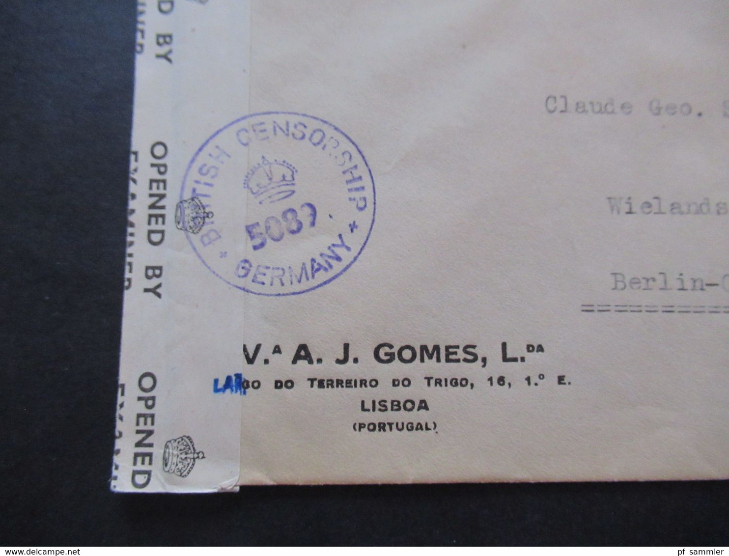 Portugal 1946 Zensurbeleg British Censorship 5089 Umschlag Lisboa A.J.Gomes Nach Berlin Mit Stp. Nachträglich Entwertet - Lettres & Documents