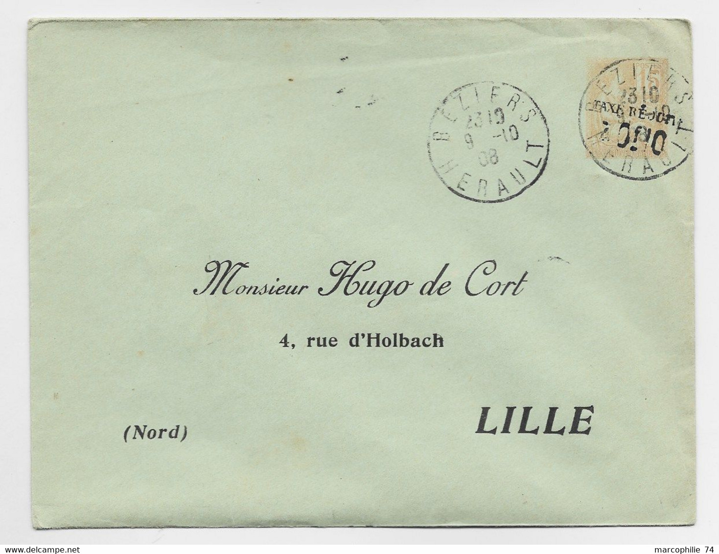 FRANCE ENTIER 15C MOUCHON ORANGE TAXE REDUITE 0F10 ENVELOPPE REPIQUAGE HUGO DE CORT LILLE DAGUIN BEZIERS 1908 - Overprinted Covers (before 1995)