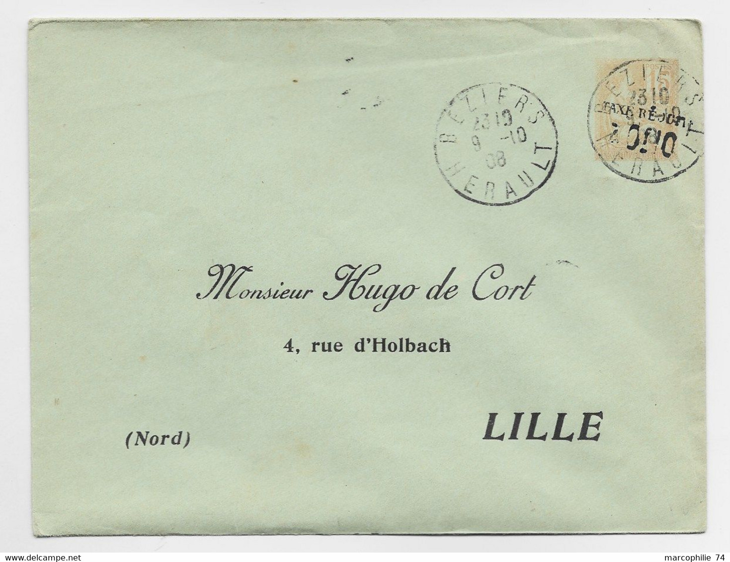 FRANCE ENTIER 15C MOUCHON ORANGE TAXE REDUITE 0F10 ENVELOPPE REPIQUAGE HUGO DE CORT LILLE DAGUIN BEZIERS 1908 - Sobres Transplantados (antes 1995)